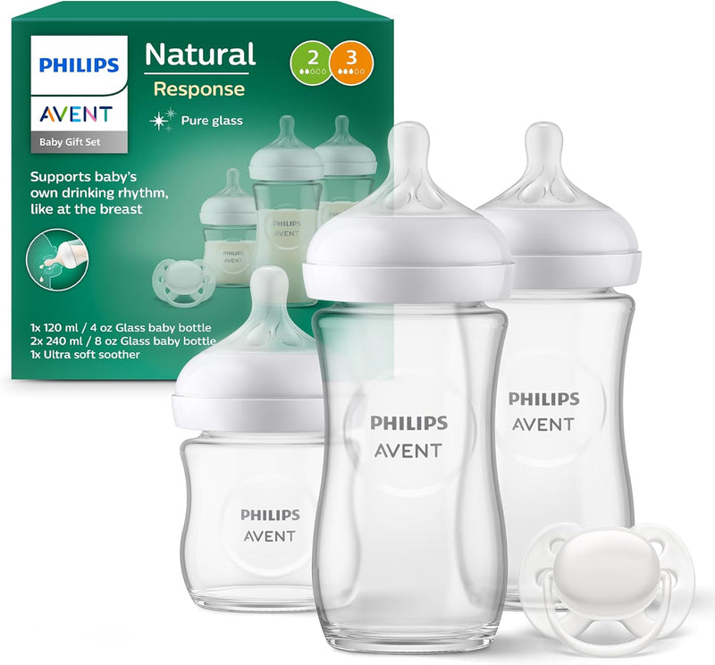 Philips Avent Glass Baby Bottle Newborn Gift Set - 3 Baby Milk Bottles, Ultra-Soft Pacifier for Babies Aged 0-6 Months+ (Model SCD878/11) Philips Avent