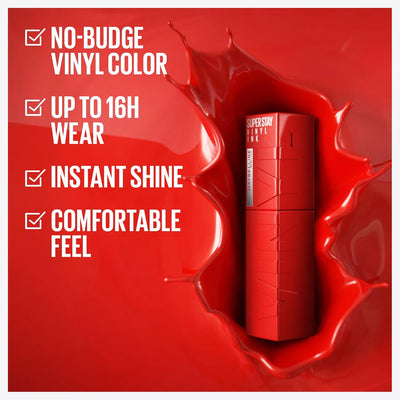 Maybelline New York Lip Colour, Smudge-free, Long Lasting up to 16h, Liquid Lipstick, Shine Finish, SuperStay Vinyl Ink, 25 Red Hot Greenwize