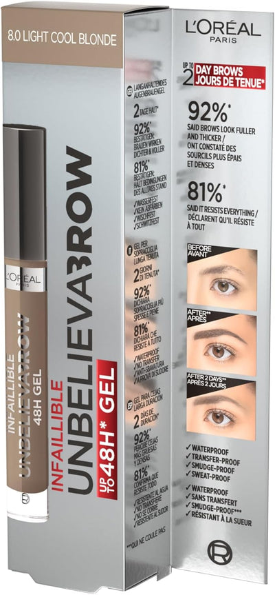 L'Oreal Paris UnbelievaBrow Long-Lasting Eyebrow Gel, Smudge-Proof, Transfer-Proof, Waterproof, 102 Cool Blonde, 1 Count (Pack of 1) Greenwize