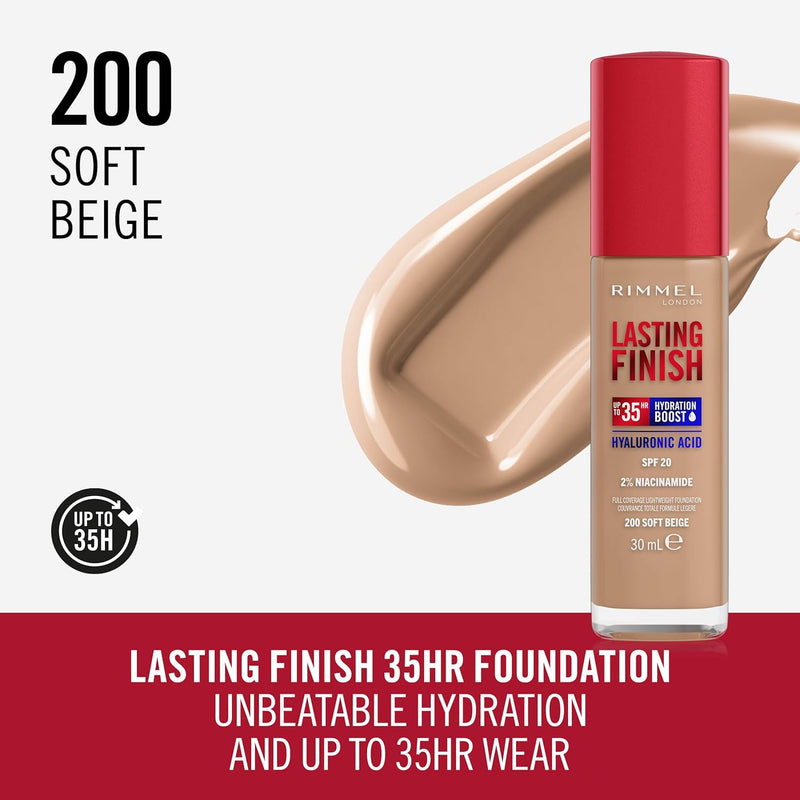 Rimmel Lasting Finish 35Hr Foundation 200 Soft Beige, Full Coverage, Hydrating, SPF20, Hyaluronic Acid, Vitamin E, 2% Niacinamide, All Day Wear, Vegan, Cruelty Free Rimmel