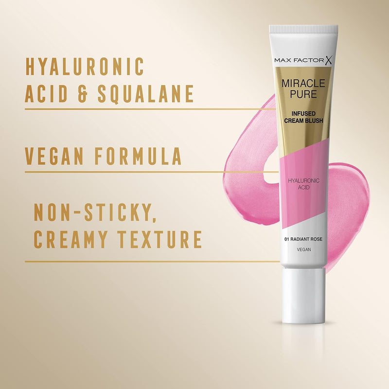 Max Factor Miracle Pure Cream Blush 01 Radiant Rose, Moisturising, Plumps & Hydrates, Buildable Glow, Infused with Hyaluronic Acid & Squalene, Fresh & Healthy Looking Skin, 100% Vegan Max Factor