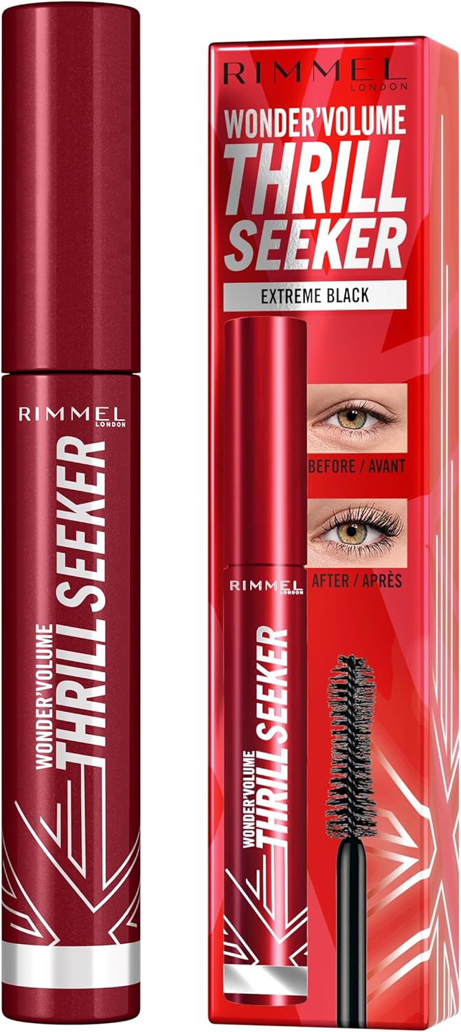Rimmel London Thrillseeker Black Mascara, Bold Volume, Lengthening, Weightless Definition, Clump-Free, Smudge Proof, All Day Wear, Creamy Whipped Formula, Hourglass Shaped Brush Grabs Every Lash Rimmel