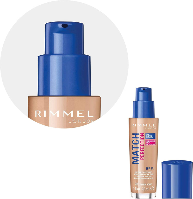 Rimmel Match Perfection Foundation 301 Warm Honey, Medium Coverage, 24hr Hydration, No Caking or Creasing, Lightweight, Reduces Imperfections, Invisible Coverage, SPF20, Cruelty Free Greenwize