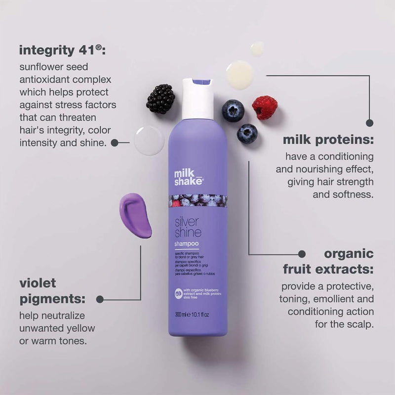 milk_shake | Silver Shine Shampoo 300 ml, Specific Anti-Yellow Shampoo for Blonde Natural, White or Grey Hair, with Purple Pigment, Made in Italy Greenwize