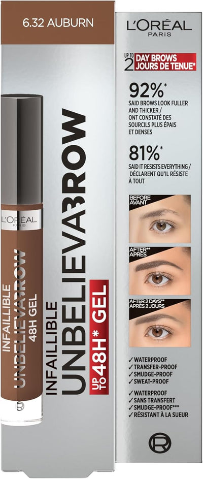 L'Oreal Paris UnbelievaBrow Long-Lasting Eyebrow Gel, Smudge-Proof, Transfer-Proof, Waterproof, 6.32 AUBURN And 104 Chatain Greenwize