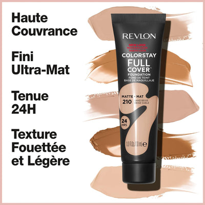 Revlon ColorStay Full Cover Longwear Matte Foundation, Heat & Sweat Resistant Lightweight Face Makeup, Sand Beige (210), 30ml Revlon