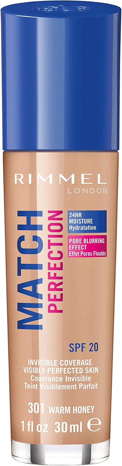 Rimmel Match Perfection Foundation 301 Warm Honey, Medium Coverage, 24hr Hydration, No Caking or Creasing, Lightweight, Reduces Imperfections, Invisible Coverage, SPF20, Cruelty Free Greenwize