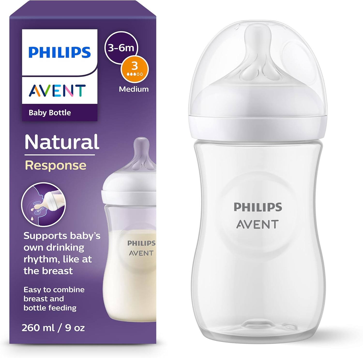 Philips Avent Natural Plastic Baby Feeding Bottle | No.1 Brand Recommended by Moms Worldwide | Ideal for 1 months+| Natural Response Technology Mimics Breastfeeding | Uniquely Designed Nipple releases milk only when baby drinks | Pack of 1| SCY903/01 Greenwize