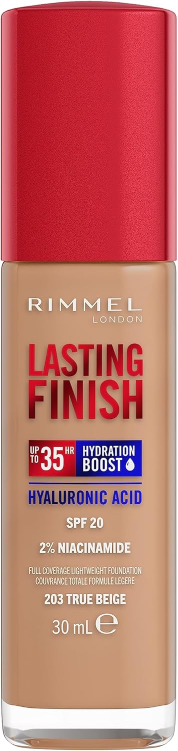 Rimmel Lasting Finish 35Hr Foundation 203 True Beige, Full Coverage, Hydrating, SPF20, Hyaluronic Acid, Vitamin E, 2% Niacinamide, All Day Wear, Vegan, Cruelty Free Greenwize