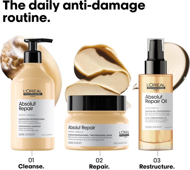 L’Oréal Professionnel | Mask, With Protein And Gold Quinoa for Medium-Thick Dry And Damaged Hair, Serie Expert Absolut Repair, 250 ml Greenwize