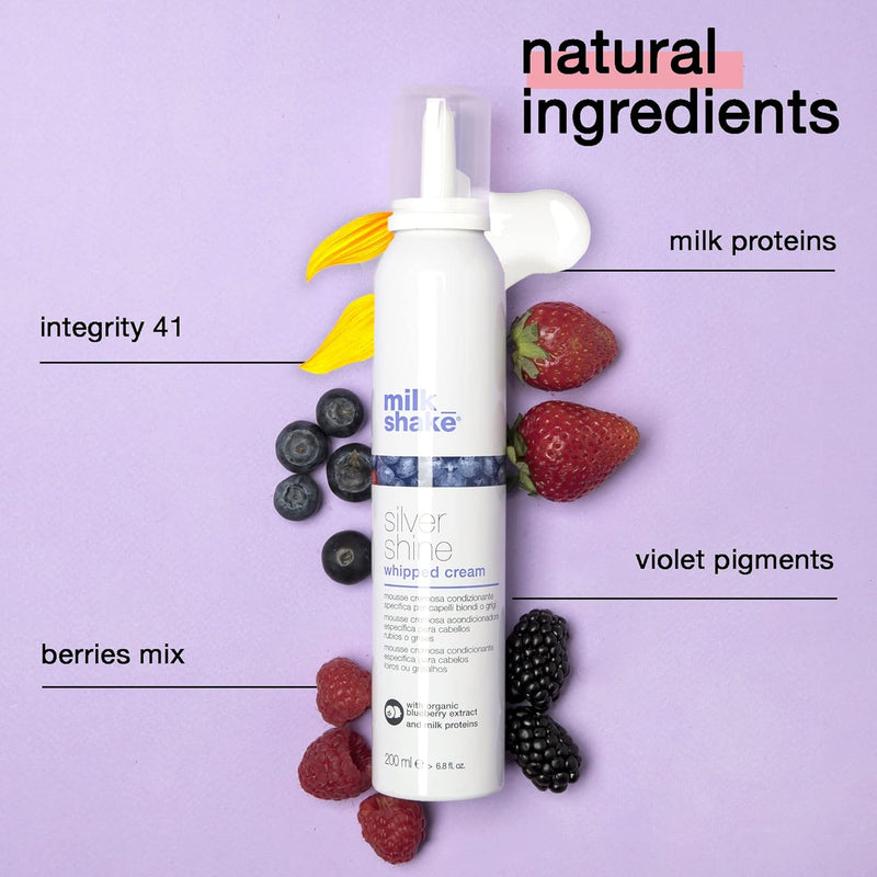milk_shake | Silver Shine Whipped Cream 200 ml, Specific Anti-Yellow Leave-In Conditioning Foam for Blond or Grey Hair, with Violet Pigment, Made in Italy Greenwize