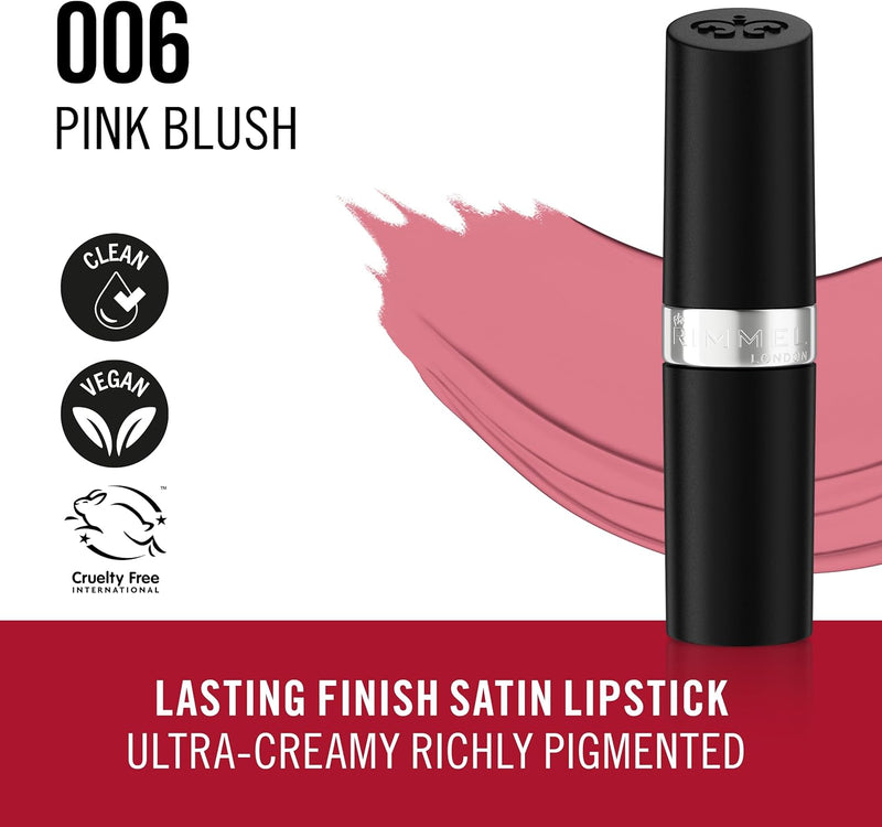 Rimmel Lasting Finish Lipstick 006 Pink Blush, Creamy Satin Finish, Long Lasting 8 HR Wear, Comfortable Formula, Rich Pigment Greenwize