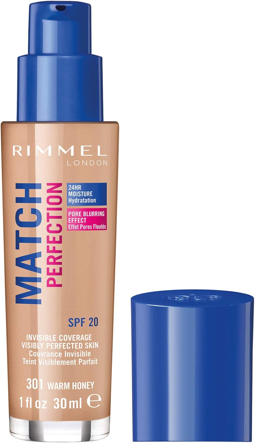 Rimmel Match Perfection Foundation 301 Warm Honey, Medium Coverage, 24hr Hydration, No Caking or Creasing, Lightweight, Reduces Imperfections, Invisible Coverage, SPF20, Cruelty Free Greenwize