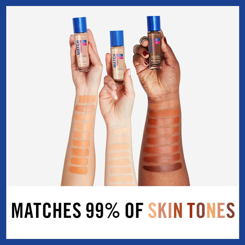 Rimmel Match Perfection Foundation 100 Ivory, Medium Coverage, 24hr Hydration, No Caking or Creasing, Lightweight, Reduces Imperfections, Invisible Coverage, SPF20, Cruelty Free Rimmel