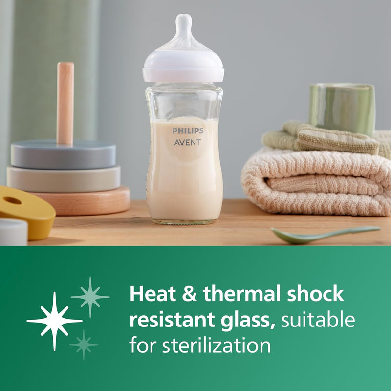 Philips Avent Glass Baby Bottle Newborn Gift Set - 3 Baby Milk Bottles, Ultra-Soft Pacifier for Babies Aged 0-6 Months+ (Model SCD878/11) Philips Avent