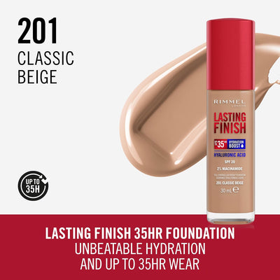 Rimmel Lasting Finish 35Hr Foundation 201 Classic Beige, Full Coverage, Hydrating, SPF20, Hyaluronic Acid, Vitamin E, 2% Niacinamide, All Day Wear, Vegan, Cruelty Free Rimmel