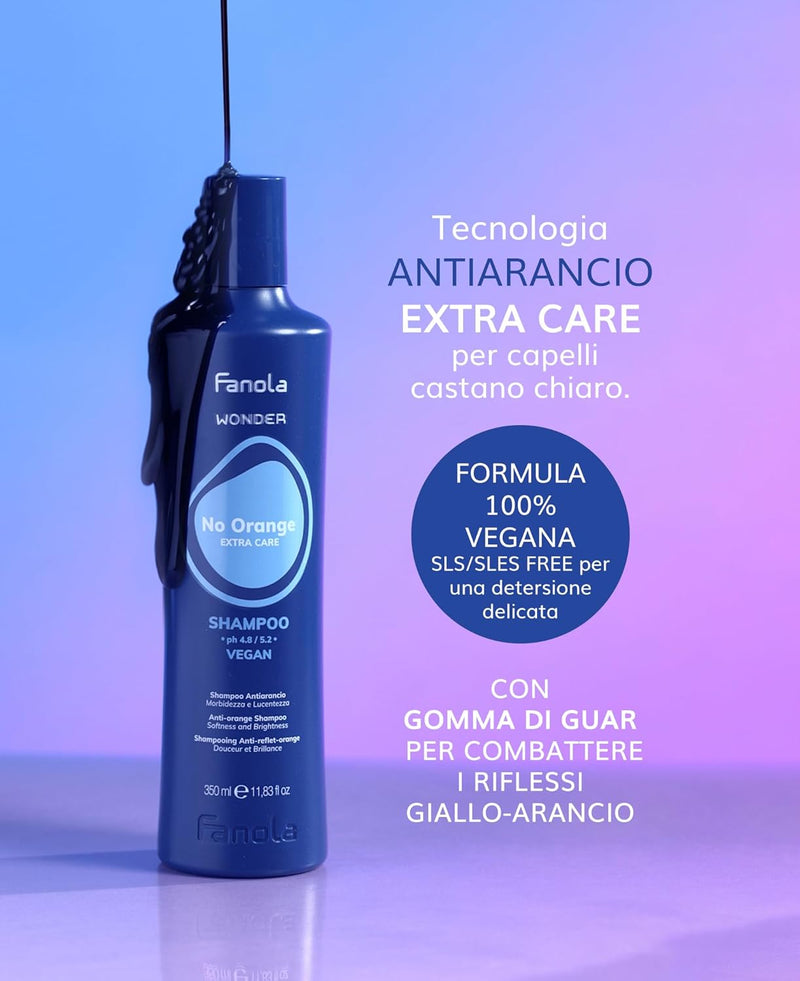 Fanola Wonder No Orange Shampoo, Neutralizing Orange Highlights Shampoo for Blonde and Light Brown Hair with Immediate Toning Action, SLS/SLES Free and Vegan, 350ml Greenwize