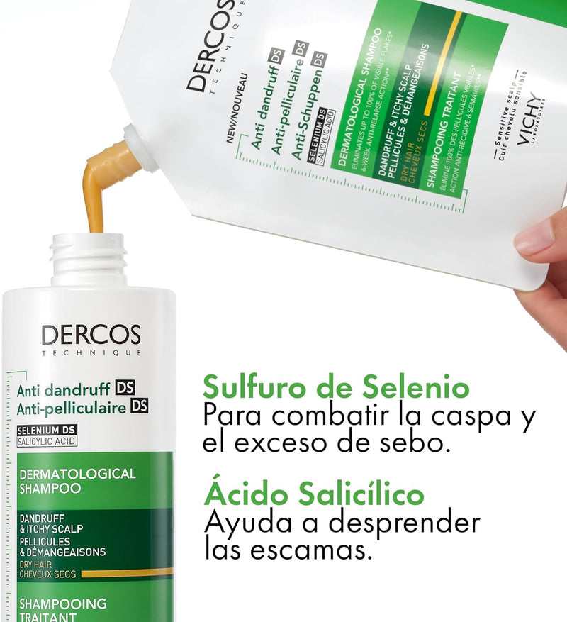 Vichy Dercos Anti-Dandruff Dermatological Shampoo for Dry Hair, 390 ml Refill Pouch (2 PACK) Greenwize