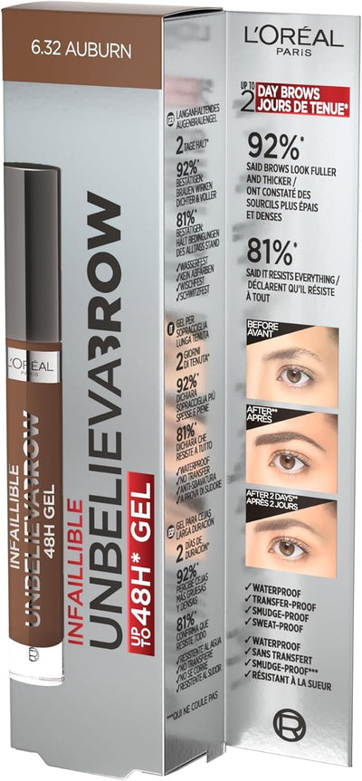 L'Oreal Paris UnbelievaBrow Long-Lasting Eyebrow Gel, Smudge-Proof, Transfer-Proof, Waterproof, 6.32 AUBURN And 104 Chatain Greenwize