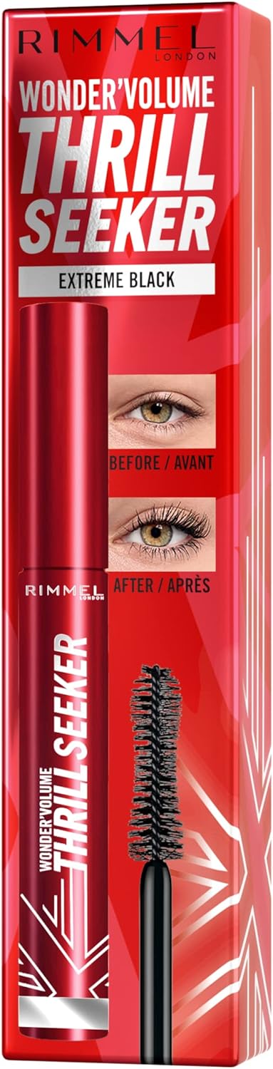 Rimmel London Thrillseeker Black Mascara, Bold Volume, Lengthening, Weightless Definition, Clump-Free, Smudge Proof, All Day Wear, Creamy Whipped Formula, Hourglass Shaped Brush Grabs Every Lash Rimmel