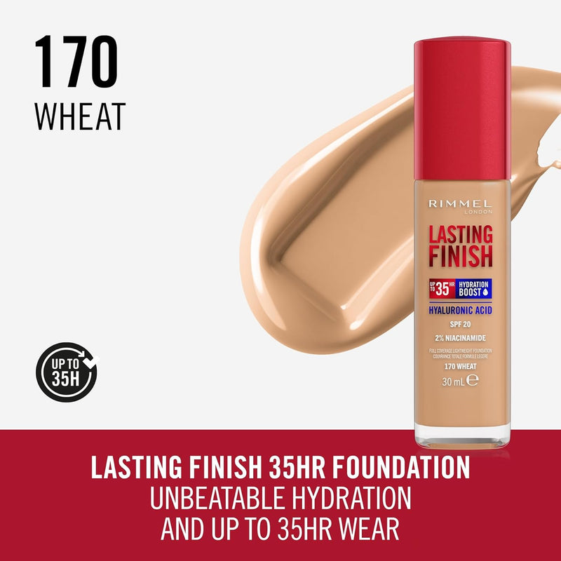 Rimmel Lasting Finish 35Hr Foundation 170 Wheat, Full Coverage, Hydrating, SPF20, Hyaluronic Acid, Vitamin E, 2% Niacinamide, All Day Wear, Vegan, Cruelty Free Foundations