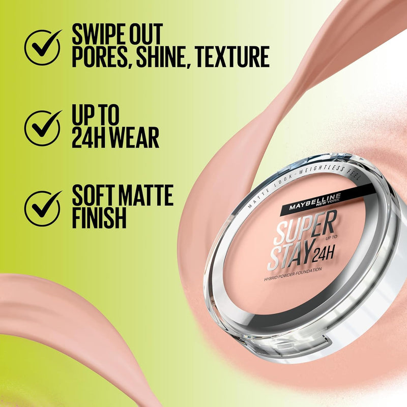 Maybelline Powder Foundation, Long-lasting 24H Wear, Medium to Full Coverage, Transfer, Water & Sweat Resistant, SuperStay 24H Hybrid Powder Foundation, 40 Greenwize
