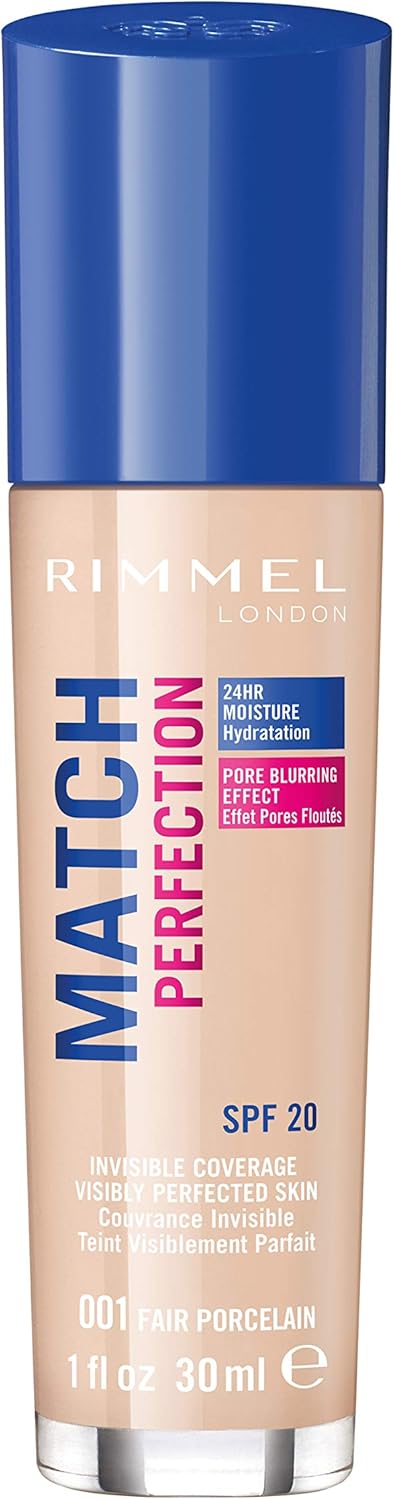 Rimmel Match Perfection Foundation 001 Fair Porcelain, Medium Coverage, 24hr Hydration, No Caking or Creasing, Lightweight, Reduces Imperfections, Invisible Coverage, SPF20, Cruelty Free Rimmel