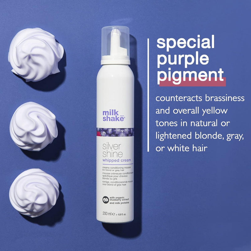 milk_shake | Silver Shine Whipped Cream 200 ml, Specific Anti-Yellow Leave-In Conditioning Foam for Blond or Grey Hair, with Violet Pigment, Made in Italy Greenwize