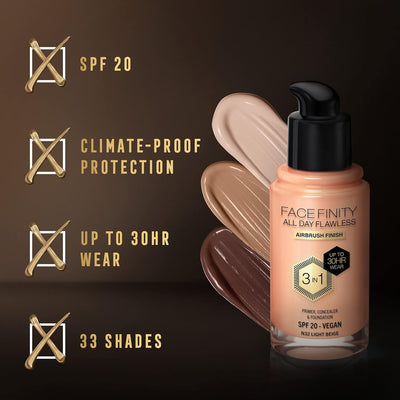 Max Factor Facefinity 3-in-1 All Day Flawless Liquid Foundation, SPF 20 - 32 Light Beige, 30 ml Max Factor