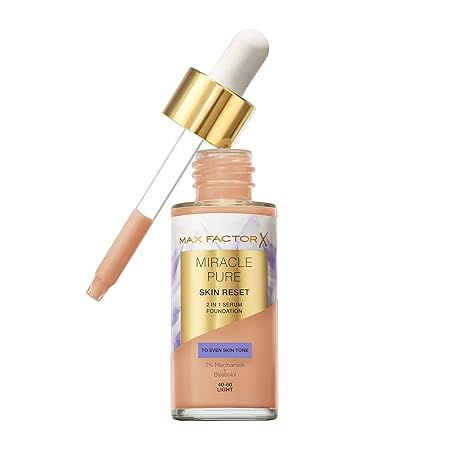 Max Factor Miracle Pure Skin Reset Serum Foundation 40-60 Light, 2-in-1 Serum Formula, Healthy Looking Skin, Medium Coverage, Satin Matte Finish, 2% Niacinamide, Dermatologically Tested Max Factor