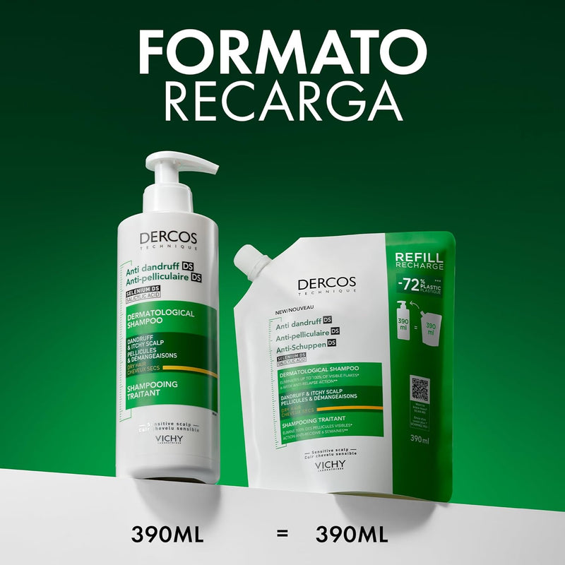 Vichy Dercos Anti-Dandruff Dermatological Shampoo for Dry Hair, 390 ml Refill Pouch (2 PACK) Greenwize