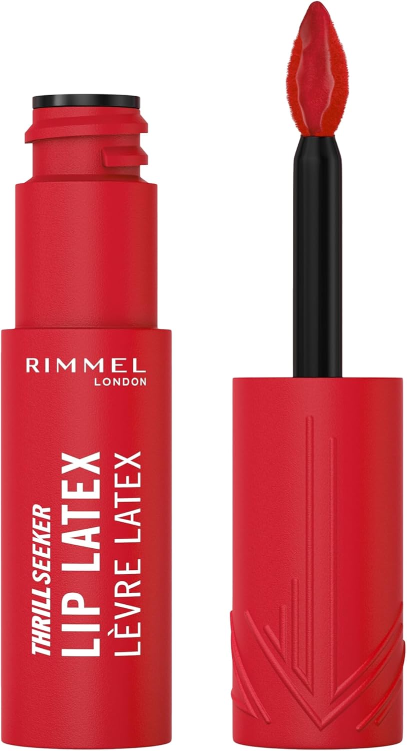 Rimmel Thrill Seeker Lip Latex, 400 Rimmel Red, Ultra-Smooth Finish, Lasts All Day, Transfer-Proof, Infused with Aloe Vera, Hyaluronic Acid and Vitamin E, Diamond-Like Shape Applicator, Vegan Rimmel