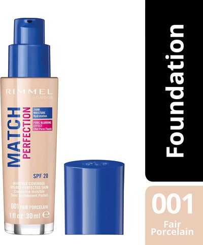 Rimmel Match Perfection Foundation 001 Fair Porcelain, Medium Coverage, 24hr Hydration, No Caking or Creasing, Lightweight, Reduces Imperfections, Invisible Coverage, SPF20, Cruelty Free Rimmel