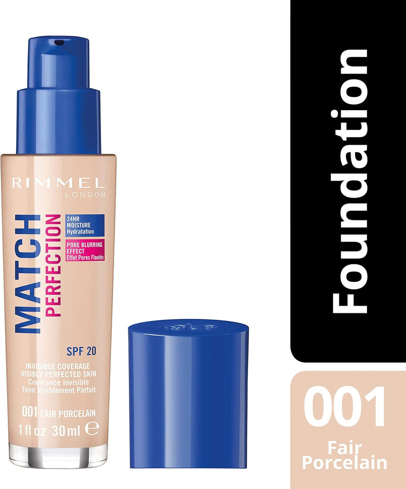 Rimmel Match Perfection Foundation 001 Fair Porcelain, Medium Coverage, 24hr Hydration, No Caking or Creasing, Lightweight, Reduces Imperfections, Invisible Coverage, SPF20, Cruelty Free Rimmel