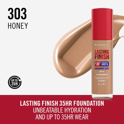 Rimmel Lasting Finish 35Hr Foundation 303 Honey, Full Coverage, Hydrating, SPF20, Hyaluronic Acid, Vitamin E, 2% Niacinamide, All Day Wear, Vegan, Cruelty Free Greenwize