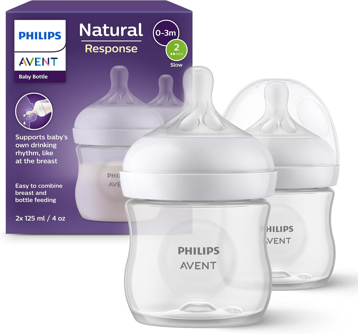 Philips Avent Natural Response Baby Bottle - 2 x 125ml Baby Milk Bottle for Newborns and Up, BPA Free, 0+ Months (Model SCY900/02) Greenwize