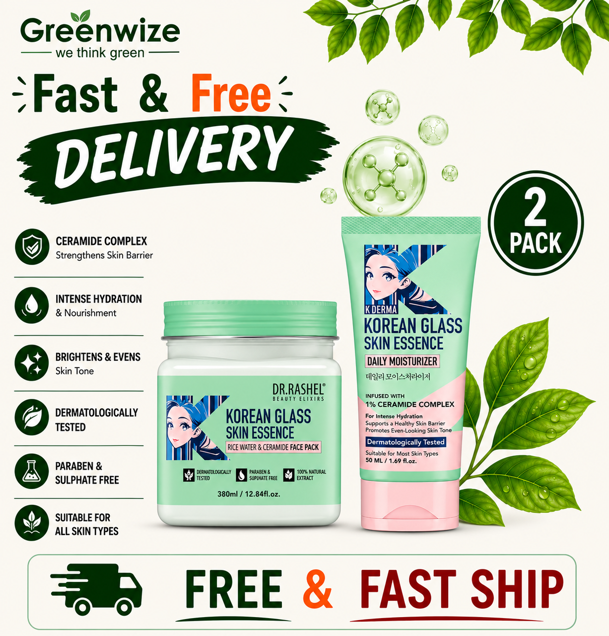 Dr. Rashel Korean Glass Skin Essence Face Pack 380 ml & Daily Moisturizer 50 ml Dr. Rashel