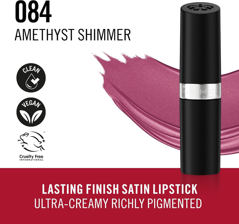 Rimmel Lasting Finish Lipstick 084 Amethyst Shimmer, Creamy Satin Finish, Long Lasting 8 HR Wear, Comfortable Formula, Rich Pigment Rimmel