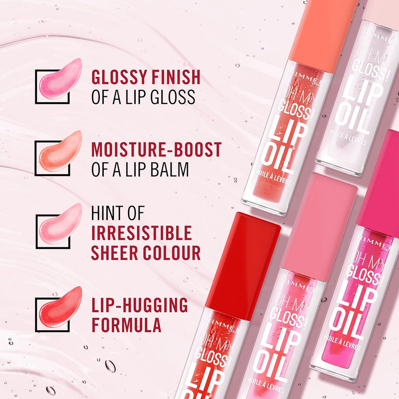 Rimmel Oh My Gloss! Lip Oil 001 Pink Flush, Juicy Shine, Hydrates & Naturally Plumps, Moisture Boost, Vitamin E, Replenishes & Restores the Lips, Coconut Oil, Non-Sticky, Vegan & Cruelty Free Rimmel