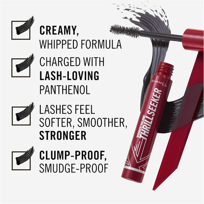 Rimmel London Thrillseeker Black Mascara, Bold Volume, Lengthening, Weightless Definition, Clump-Free, Smudge Proof, All Day Wear, Creamy Whipped Formula, Hourglass Shaped Brush Grabs Every Lash Rimmel