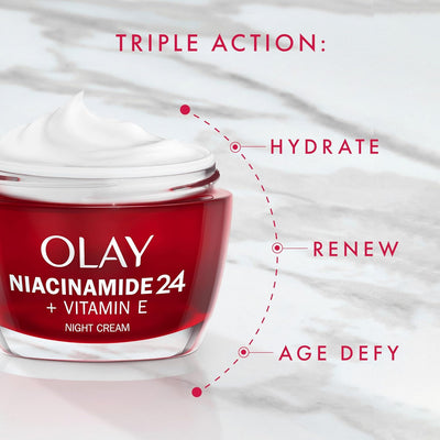 Olay Niacinamide 24 + Vitamin E Moisturiser, Night Cream With 99% Pure Niacinamide Vitamin E & Shea Butter' Fragrance Free, 50ml Greenwize
