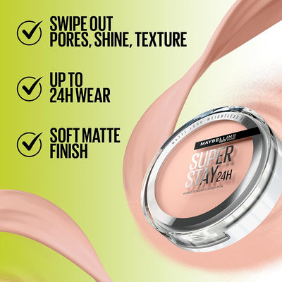 Maybelline Powder Foundation, Long-lasting 24H Wear, Medium to Full Coverage, Transfer, Water & Sweat Resistant, SuperStay 24H Hybrid Powder Foundation, 03 Greenwize