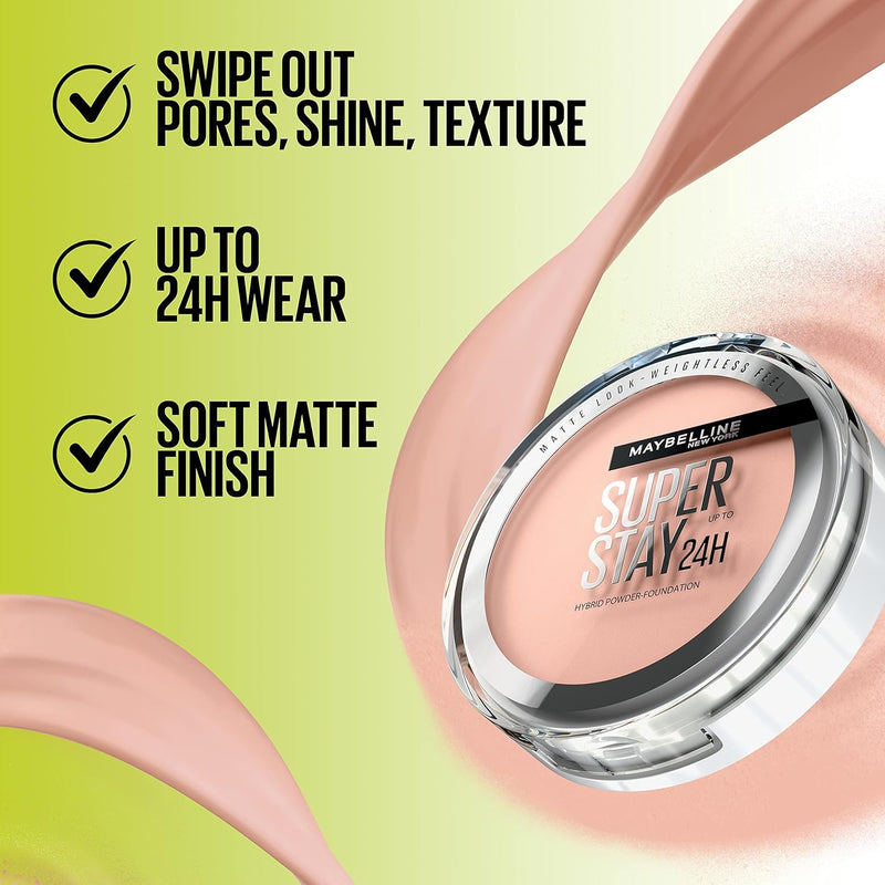 Maybelline Powder Foundation, Long-lasting 24H Wear, Medium to Full Coverage, Transfer, Water & Sweat Resistant, SuperStay 24H Hybrid Powder Foundation, 03 Greenwize