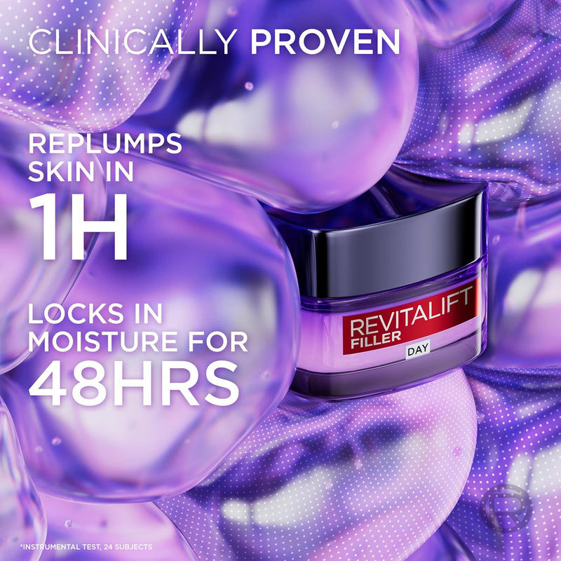 L’Oréal Paris Revitalift Filler Deep Replumping Anti-Ageing Day Cream, Intensely Hydrates, Replumps Skin, and Smooth Wrinkles with Macro, Micro, and Micro-Epidermic Hyaluronic Acid, 50ml, Age 35+ L&