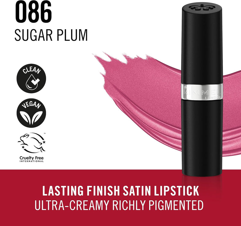 Rimmel Lasting Finish Lipstick 086 Sugar Plum, Creamy Satin Finish, Long Lasting 8 HR Wear, Comfortable Formula, Rich Pigment Greenwize