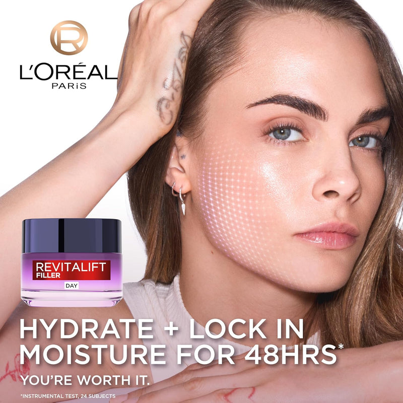 L’Oréal Paris Revitalift Filler Deep Replumping Anti-Ageing Day Cream, Intensely Hydrates, Replumps Skin, and Smooth Wrinkles with Macro, Micro, and Micro-Epidermic Hyaluronic Acid, 50ml, Age 35+ L&
