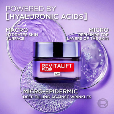 L’Oréal Paris Revitalift Filler Deep Replumping Anti-Ageing Day Cream, Intensely Hydrates, Replumps Skin, and Smooth Wrinkles with Macro, Micro, and Micro-Epidermic Hyaluronic Acid, 50ml, Age 35+ L'Oreal Paris