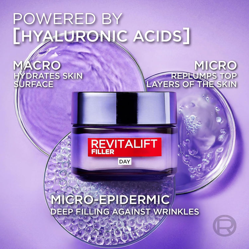 L’Oréal Paris Revitalift Filler Deep Replumping Anti-Ageing Day Cream, Intensely Hydrates, Replumps Skin, and Smooth Wrinkles with Macro, Micro, and Micro-Epidermic Hyaluronic Acid, 50ml, Age 35+ L&