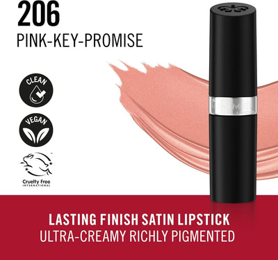 Rimmel Lasting Finish Lipstick 206 Pink-Key-Promise, Creamy Satin Finish, Long Lasting 8 HR Wear, Comfortable Formula, Rich Pigment Rimmel