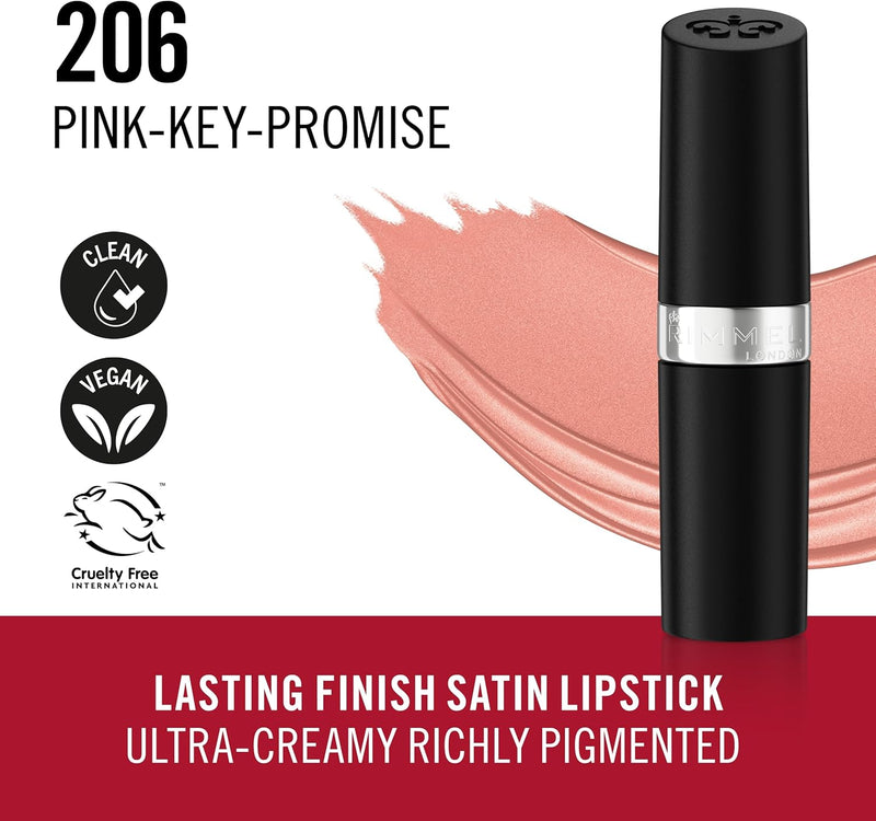 Rimmel Lasting Finish Lipstick 206 Pink-Key-Promise, Creamy Satin Finish, Long Lasting 8 HR Wear, Comfortable Formula, Rich Pigment Rimmel